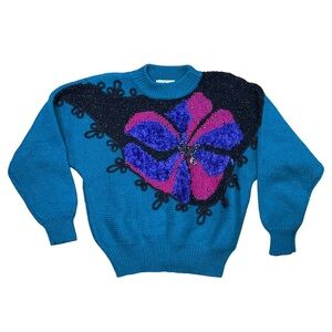 Vintage Jaclyn Smith Women’s Teal Knitted Beaded Crewneck Sweater